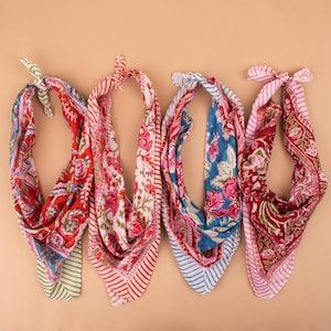 Handblock Cotton Bandana Scarf, Lightweight Boho Wrap For Neck Or Hair, Sustainable Summer Accessory, Eco Gift For Her Or Him  - Set of 4