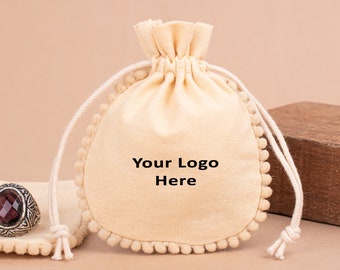 100 Custom Drawstring Jewelry Packaging Pouch Personalized Logo Wedding Favor Bags Round Pompom Cotton Jewelry Pouch