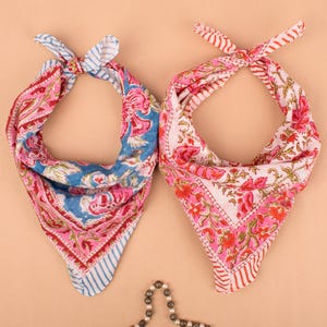 Boho Style Cotton Bandana, Lightweight Handblock Printed Wrap, Summer Neck Or Hair Scarf, Eco Gift Idea For Men & Women - Set of 2