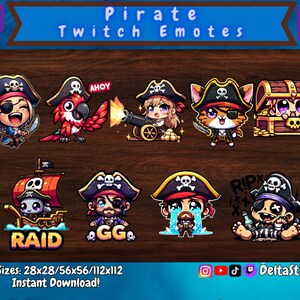 Op de afbeelding: Een set van 10 kleurrijke cartoon-Twitch-emoticons met een piratenthema. De emoticons tonen een verscheidenheid aan personages, waaronder een papegaai, een kat, een schatkist, een schip en een huilende piraat. De emoticons zijn verkrijgbaar in drie maten: 28x28, 56x56 en 112x112.