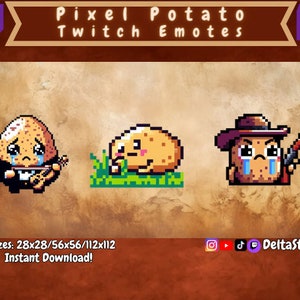 Op de afbeelding: Drie Twitch-emotes in pixel art met een aardappelpersonage in verschillende poses. De eerste emote toont een aardappel in een smoking die viool speelt. De tweede emote toont een aardappel met een blozend gezicht. De derde emote toont een aardappel met een cowboyhoed die een pistool vasthoudt.
