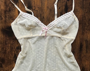 Y2K vintage mesh babydoll cami lace bow top with ribbon and polka dot in white