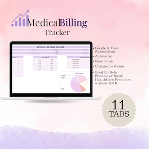 May include: A digital Medical Billing Tracker spreadsheet displayed on a laptop screen, featuring A/R aging tables, action alerts, and a claim status pie chart. The interface includes 11 tabs, with text indicating compatibility with Google and Excel.