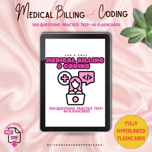 以下が含まれることがあります： 500問の練習問題と40枚のフラッシュカードを含むMedical Billing and Coding学習ガイドを表示したデジタルタブレット。画面には、コンピューターに向かう人物のピンクのグラフィック、医療アイコン、およびCPB & CBCSというテキストが表示されています。