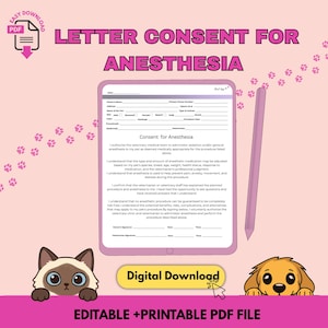 Könnte beinhalten: Eine digitale Vorlage für ein Einverständnisformular zur tierärztlichen Anästhesie auf rosa Hintergrund, mit einem Tablet, das das Dokument anzeigt, einem Stift, einer Cartoon-Katze, einem Cartoon-Hund und dem Text LETTER CONSENT FOR ANESTHESIA.