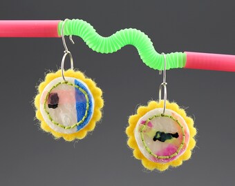 Upcycled earrings, yellow earrings, wool earrings, sustainable jewelry, bright jewelry, colorful earrings, plastic jewelry, recycled jewelry