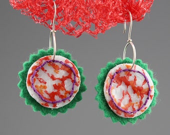 Upcycled plastic earrings, plastic earrings, green earrings, upcycled jewelry, recycled jewelry, felted wool jewelry, art jewelry, eco art