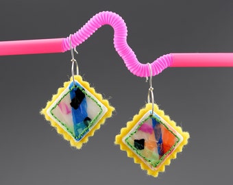 Upcycled plastic earrings, plastic jewelry, recycled jewelry, felted earrings, yellow earrings, statement earrings, florescent jewelry, ooak