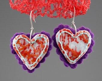 Purple heart earrings, Purple and red jewelry, upcycled plastic jewelry, plastic earrings, soft jewelry, statement earrings, felted wool Art