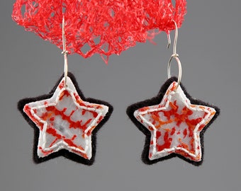 Star earrings, black and red earrings, recycled plastic jewelry, upcycled jewelry, felt earrings, fun jewelry, garbage art, wool jewelry