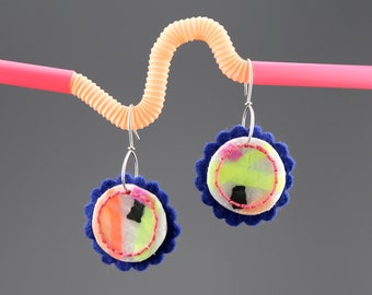 Recycled plastic jewelry, plastic earrings, wool jewelry, blue earrings, soft jewelry, bright and bold jewelry, fun earrings, recycled art