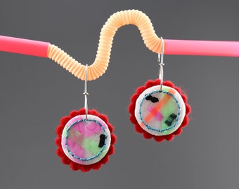 Upcycled plastic jewelry, red earrings, plastic earrings, felt earrings, garbage art, wearable art, recycled plastic jewelry, wool jewelry