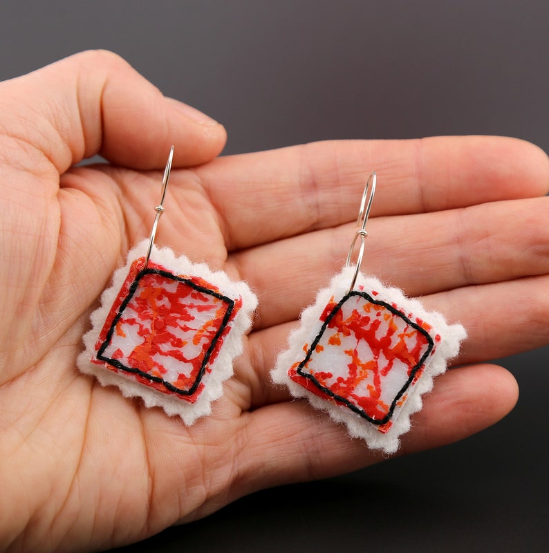 Upcycled plastic jewelry, sustainable jewelry, recycled plastic jewelry, felt earrings, wool jewelry, white earrings, plastic earrings, ooak image 2