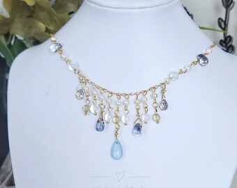 Handmade Gold Necklace with Pearls & Blue Crystal Teardrop
