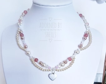 Pink Jade and Glass Pearl Silver Choker with Heart Charm