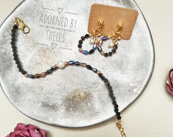 Handmade Black Pearl Necklace, Bracelet & Earrings Set – Gold Accessories
