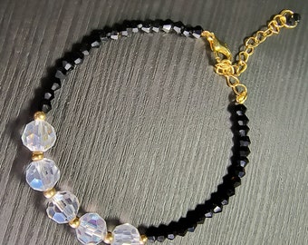 Black Glass Crystal Beaded Bracelet: Gold Stainless Steel Chain, Elegant Charm Jewelry