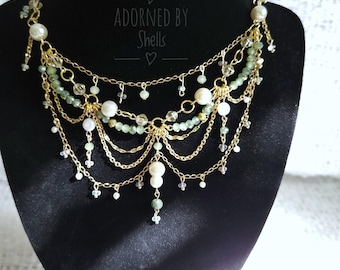Green Beaded & Pearl Layered Choker, Gold Chain Statement Jewelry, Handmade Necklace