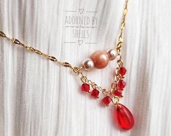 Red Crystal Drop Necklace, Sunstone Pearl Gold Chain, Handmade Jewelry
