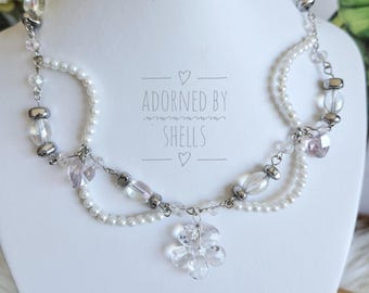 Handmade Crystal Flower Choker, Iridescent Pearl Beaded Necklace, Y2K Aesthetic