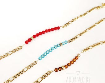 Dainty Crystal Bar Bracelet – Gold Stainless Steel Chain, Colorful Jewelry