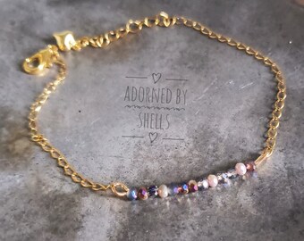 Purple Crystal Beaded Bracelet, Gold Stainless Steel Chain, Heart Charm