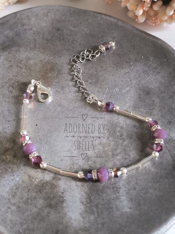 purple bracelet sold on Temu United States Elegant Silver and Purple Charm Bracelet main image 1