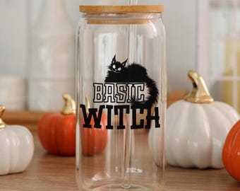Basic Witch Glass Tumbler - Cat mom Gift | Halloween Party Glass | Autumn Iced Coffee Cup
