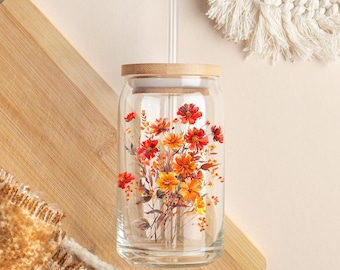 Herbstfarbener Glasbecher mit Bambusdeckel und Strohhalm - Etsy.de