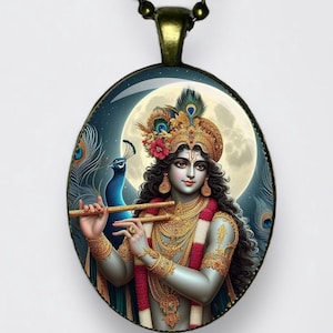 Collana Krishna Achyuta, Damodara, Gopala, Gopinath, Govinda Ciondolo Loto Amuleto Om Dio della Protezione, Compassione, Tenerezza e Amore