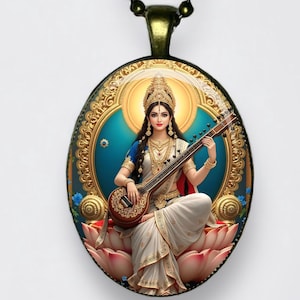 Collana Saraswati Ciondolo Tridevi Meditazione Fiume Saraswati Loto Ohm Amuleto Dea della conoscenza, musica, arte, parola e apprendimento Mantra