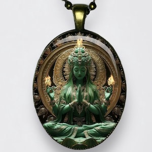 Collana verde Tara Ārya Tārā Ciondolo Buddha Buddismo Jetsün Dölma Meditazione Lotus Mantra Chakra Dakini Amuleto Yoga Om Tara