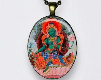 Green Tara Buddha Pendant Necklace: Tibetan Buddhist Amulet