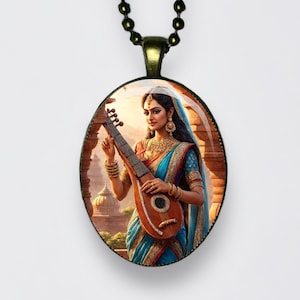 Collana Saraswati Ciondolo Tridevi Meditazione Saraswati Amuleto del Loto del Fiume Saraswati Dea della conoscenza, della musica, dell'arte, della parola e dell'apprendimento