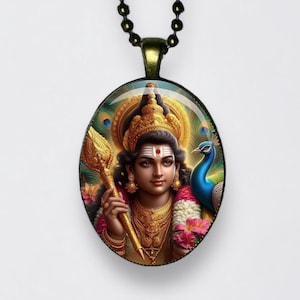 Collana Kartikeya, Skanda Subrahmanya, Shanmukha Murugan, Ciondolo Meditazione, Loto Yoga, Amuleto Om, Dio della Vittoria e della Guerra, Comandante degli Dei