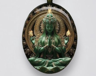 Double-Sided Pendant Green Tara Necklace: Buddhist Pendant Lotus Dakini Amulet Yoga