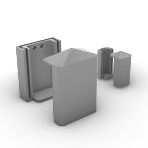 Può includere: Tappi e inserti grigi in plastica per paletti di recinzione. I tappi hanno una parte superiore piramidale. Gli inserti sono rettangolari con un canale e due fori. Gli articoli sono disposti su sfondo bianco.