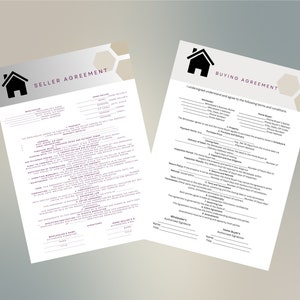 May include: Two legal documents, a Seller Agreement and a Buying Agreement, with a house icon at the top of each page. The documents are filled with text outlining the terms and conditions of a real estate transaction.