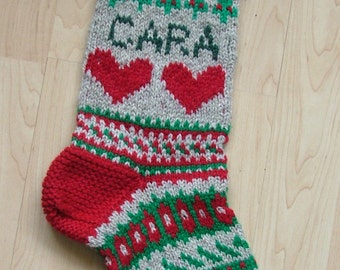 Hand-knit Christmas stocking, personalized with name and year