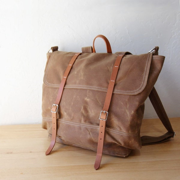 Waxed Canvas Backpack // Rucksack // Leather Straps // in Saddle Brown // Organic Cotton Lining