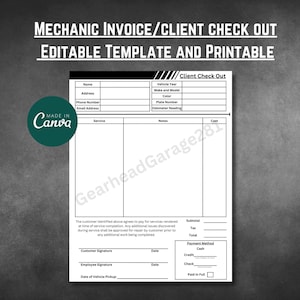 Puede incluir: Plantilla de factura de mecánico imprimible en blanco y negro con secciones para información de salida del cliente, detalles del servicio, notas, costo, subtotal, impuestos, total, método de pago, firma del cliente, firma del empleado y fecha de recogida del vehículo.