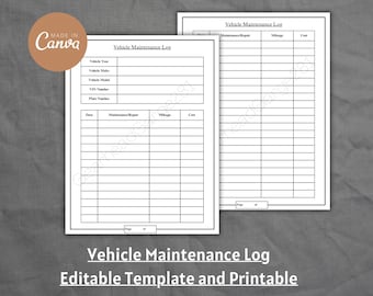 May include: A printable vehicle maintenance log template with sections for vehicle information, date, maintenance repair, mileage, and cost. The template is designed for easy tracking of vehicle maintenance records.