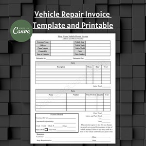 Invoice template, auto repair, collision repair, auto repair invoice template, auto repair shop work order, vehicle repair invoice