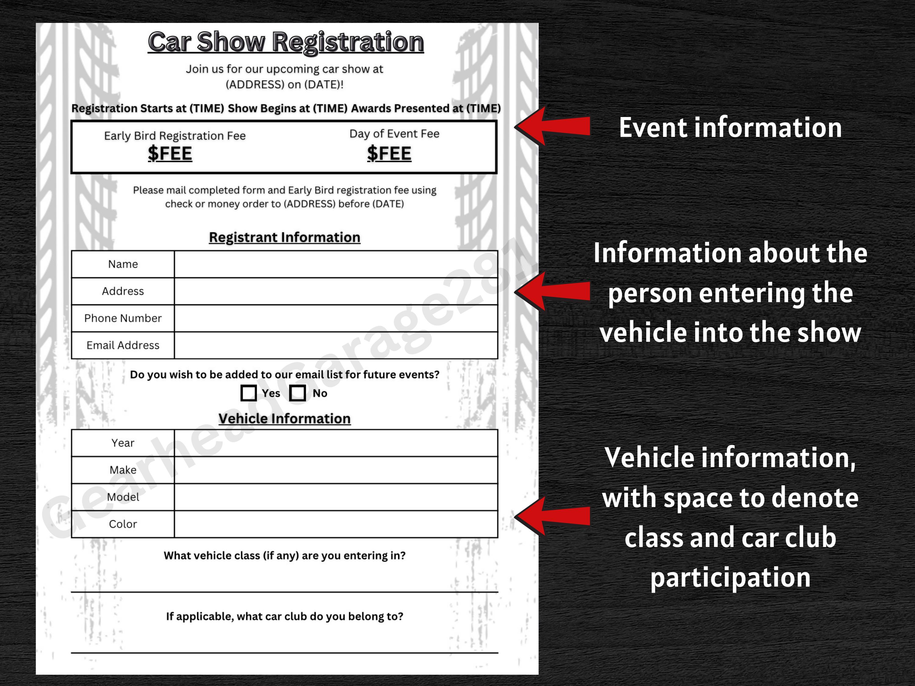 Car Show Template: Entry Form, Awards, Vehicle Registration (canva ...