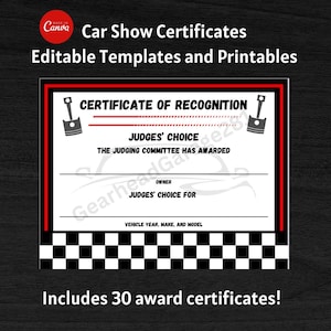 May include: A black and white checkered border surrounds a white certificate with red text that reads "Certificate of Recognition." The certificate is for a car show and includes the text "Judges' Choice" and "The Judging Committee Has Awarded."