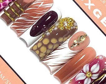 3D Flower Press On Nails: Earth Tone Gold Chrome, Y2K Abstract