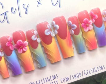 Colorful Aura Press Ons, Bright Airbrush Nails With 3D Gel Designs and Flowers