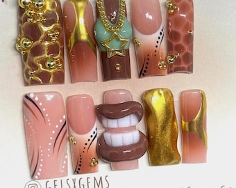 Brown Aura Y2K Press Ons, 3D Mouth Nails
