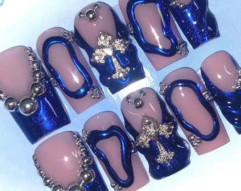 Blue Chrome Press On Nails: Y2K French Tips, 3D Gel Art