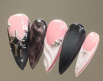Y2k Goth French Tip Press Ons With Silver Charms, Aura, Black Marble Nails